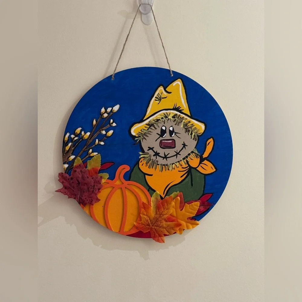 HAND CRAFTED- hand painted Autumn Scarecrow Wall Decor with Pumpkin and Leaves